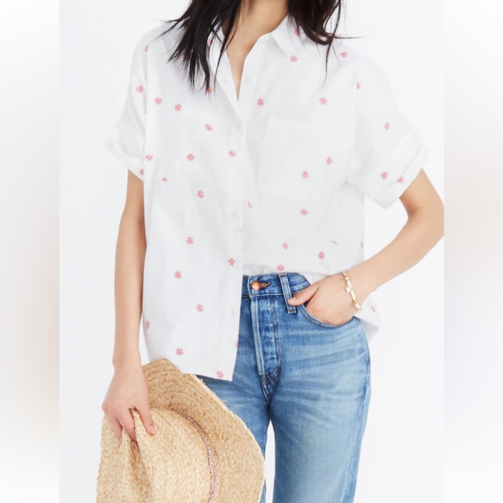 White and Pink embroidered Floral madewell shirt